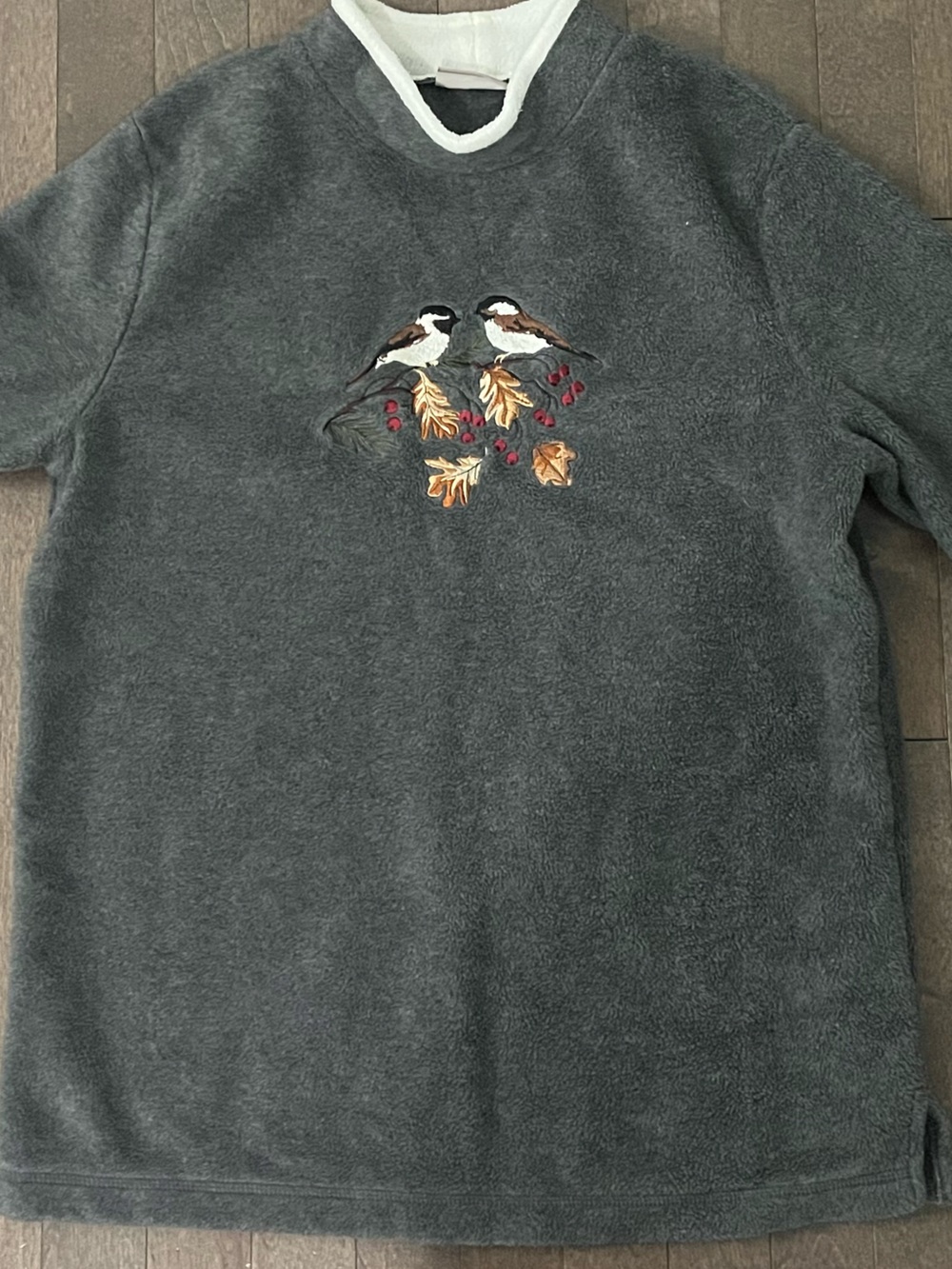 Croft & Barrow Gray Fleece Embroidered Chickadee Sweater